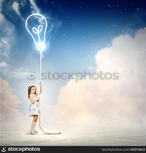 Little girl pulling rope with a lamp. Image of little girl in white dress pulling rope with a lamp