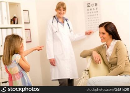 Little girl reading eye-chart at pediatrician office