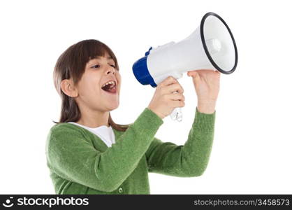 Little girl shouting through megaphone over white background