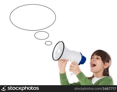 Little girl shouting through megaphone over white background