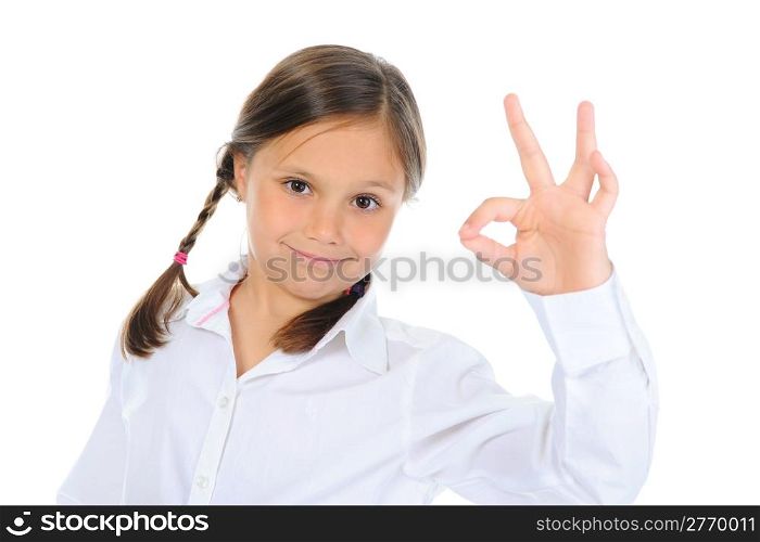 little girl shows sign okay. isolated on a white background