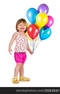 Little girl smiling with balloons on white background