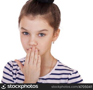 Little girl teenager closes her mouth, isolated on white