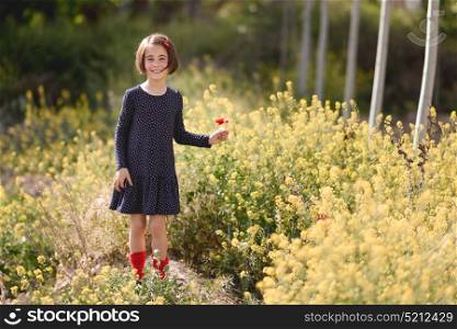 Little girl walking in nature field wearing beautiful dress with flowers in her hand.