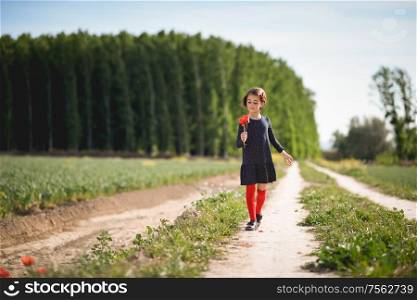 Little girl walking in nature field wearing beautiful dress with flowers in her hand.. Little girl walking in nature field wearing beautiful dress