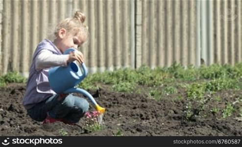 Little girl watering planting flowers on the plot