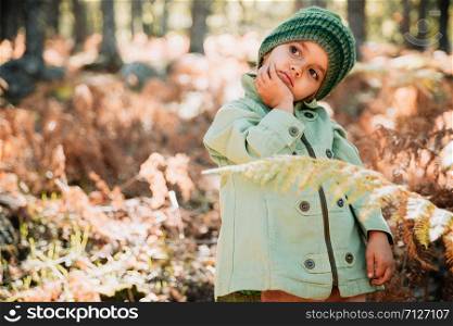 Little girl wearing a wool cap in an autumn forest among ferns plays with plants