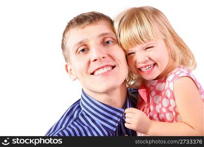 little girl wearing dress is cuddle her father. girl and father is smiling.