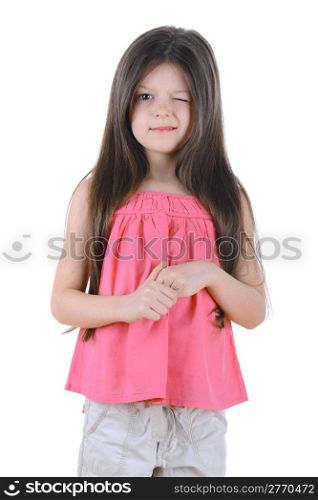 Little girl winks his left eye. Isolated on white background