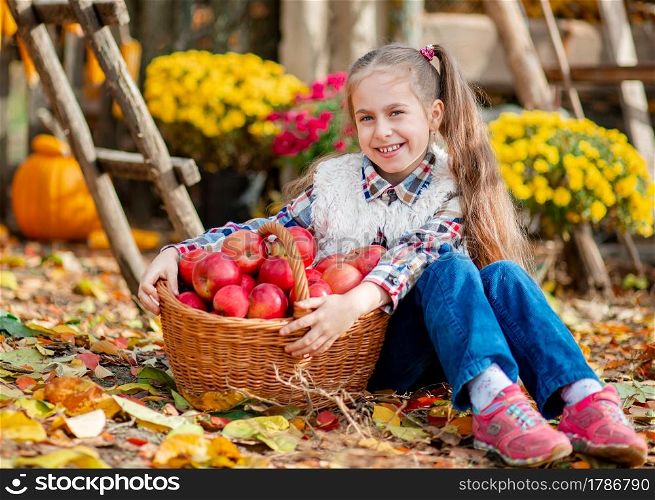 Little girl with a basket of red apples. Children pick ripe vegetables at the farm during the holiday.. Little girl with a basket of red apples. Children pick ripe vegetables at the farm during.