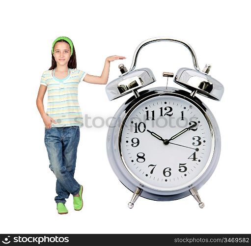Little girl with a big alarm clock isolated on white background