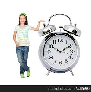 Little girl with a big alarm clock isolated on white background