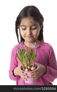 Little girl with a pot of muscari bulbs on white background