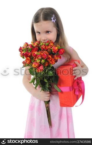 little girl with a rose. Isolated on white background