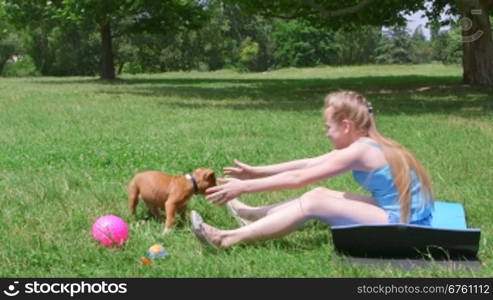 Little girl with american staffordshire terrier puppy dog having fun on grass in summer park