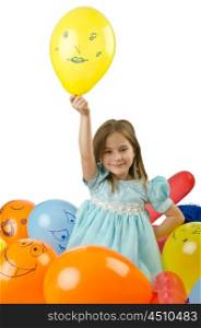 Little girl with balloons on white