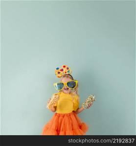 little girl with big sunglasses copy space