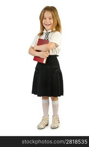 Little girl with books on white