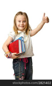 Little girl with books on white