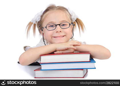 Little girl with books on white