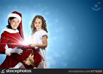 Little girl with christmas gifts and santa. Christmas illlustration of little girl with christmas gifts and santa