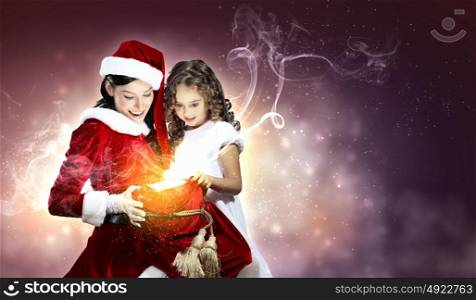 Little girl with christmas gifts and santa. Christmas illlustration of little girl with christmas gifts and santa