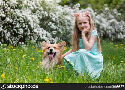 little girl with corgi fluffy at the outdoor