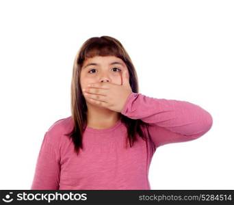 Little girl with eleven years old covering her mouth isolated on a white background