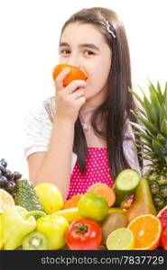 Little girl with fruits - Happy girl with fruits assortment on the table.