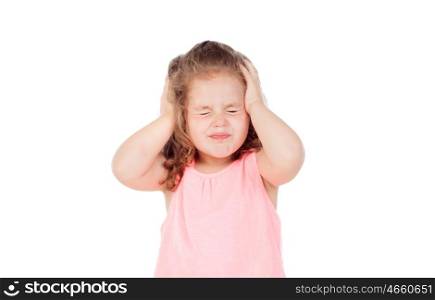 Little girl with headache isolated on a white background
