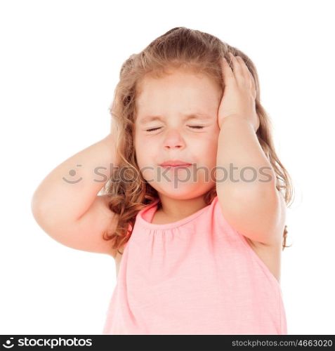 Little girl with headache isolated on a white background