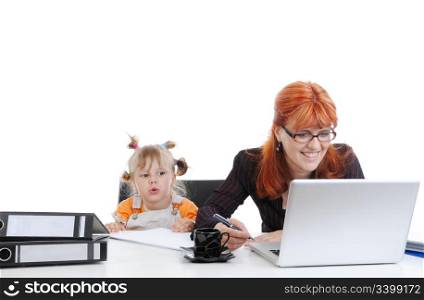 little girl with her mother in the office. Isolated on white background