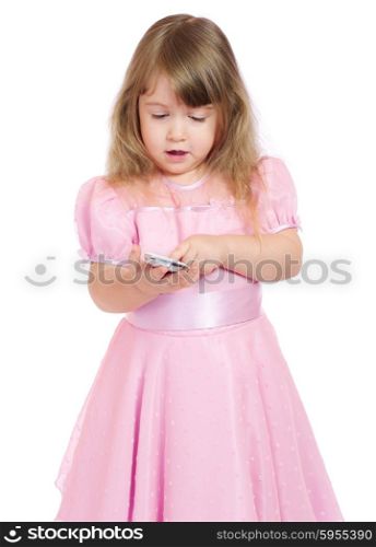 Little girl with mobile phone isolated