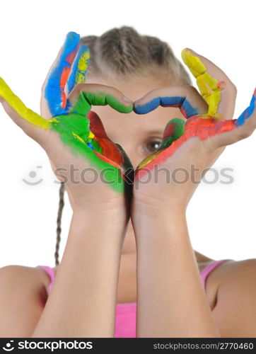 Little girl with painted hands. Isolated on white background