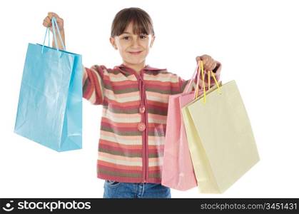 Little girl with shopping bags a over white background