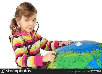 little girl with stethoscope and big inflatable globe, looking at camera, horizontal