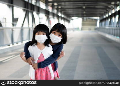 Little girl with surgical mask face protection flu and Virus outbreak in public transportation  skytrain or subway . Concept of New normal lifestyle, Using public transport to travel to school.