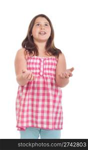 little girl with surprised expression with open hands waiting for something to fall (isolated on white background)