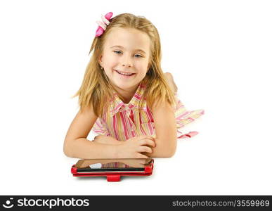 Little girl with tablet on white