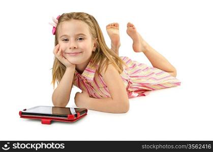 Little girl with tablet on white