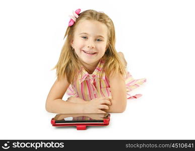 Little girl with tablet on white