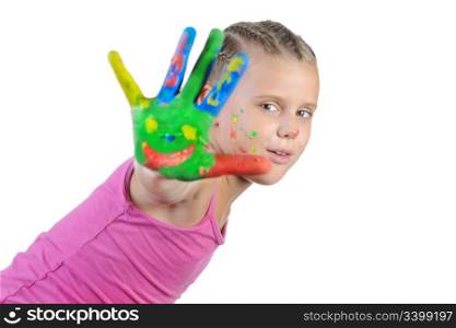 little girl with the palms painted by a paint. Isolated on white background