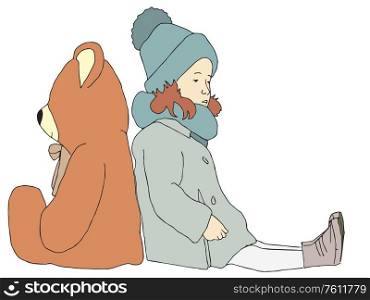 Little girl with winter clothes and teddy bear sitting together over white background