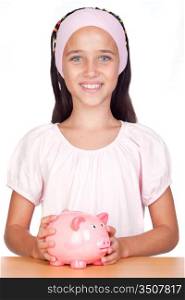 Little girl with with piggy-bank isolated on white background