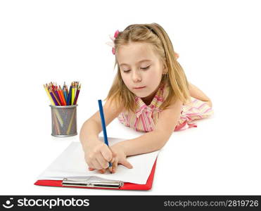 Little girl writing on white