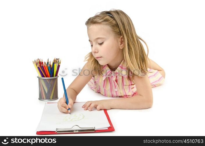 Little girl writing on white