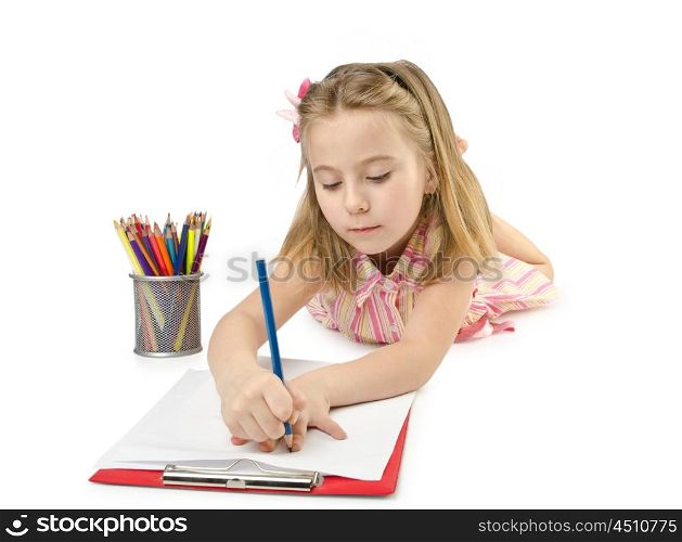 Little girl writing on white