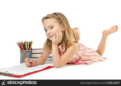 Little girl writing with pencils