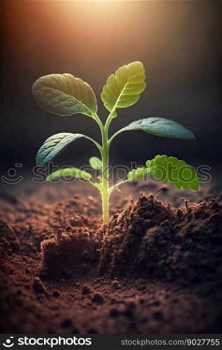 Little green plant sprout on the ground. Generative AI. High quality illustration. Little green plant sprout on the ground. Generative AI