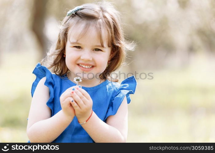 little happy girl in a blue dress plays with flowers. Concept of happy childhood and summer leisure.. little happy girl in a blue dress plays with flowers. Concept of happy childhood and summer leisure